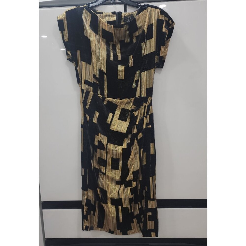 Donnakaran New York Black & Gold Geometric Short Sleeve Midi Dress Size 2 - Picture 4 of 6